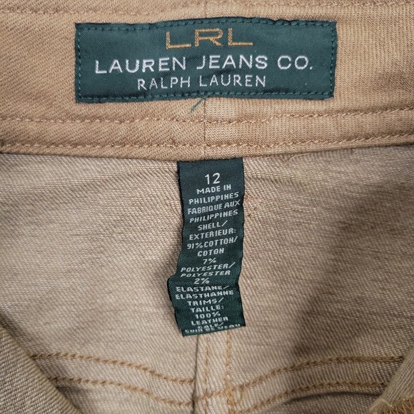 Lauren Jeans Co Ralph Lauren Tan Denim Skirt Leather Trim Pockets Size 12 - Picture 5 of 12